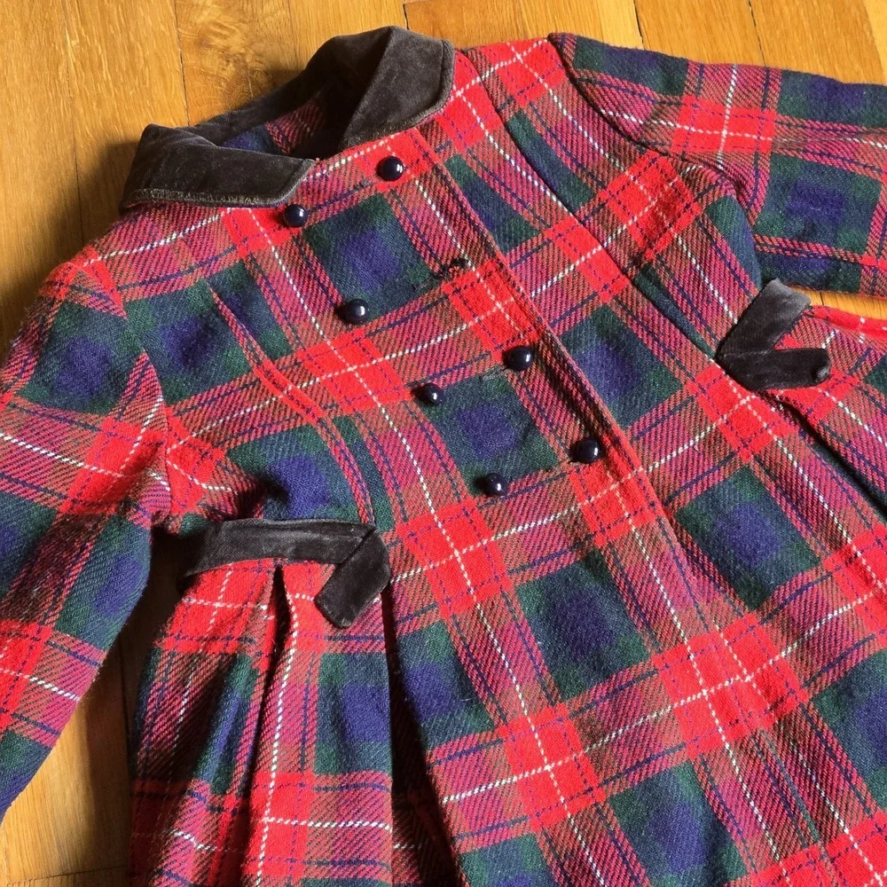 Rothschild Of Philadelphia Vintage Girls Coat Red Black Wool Plaid Velvet Trim 4